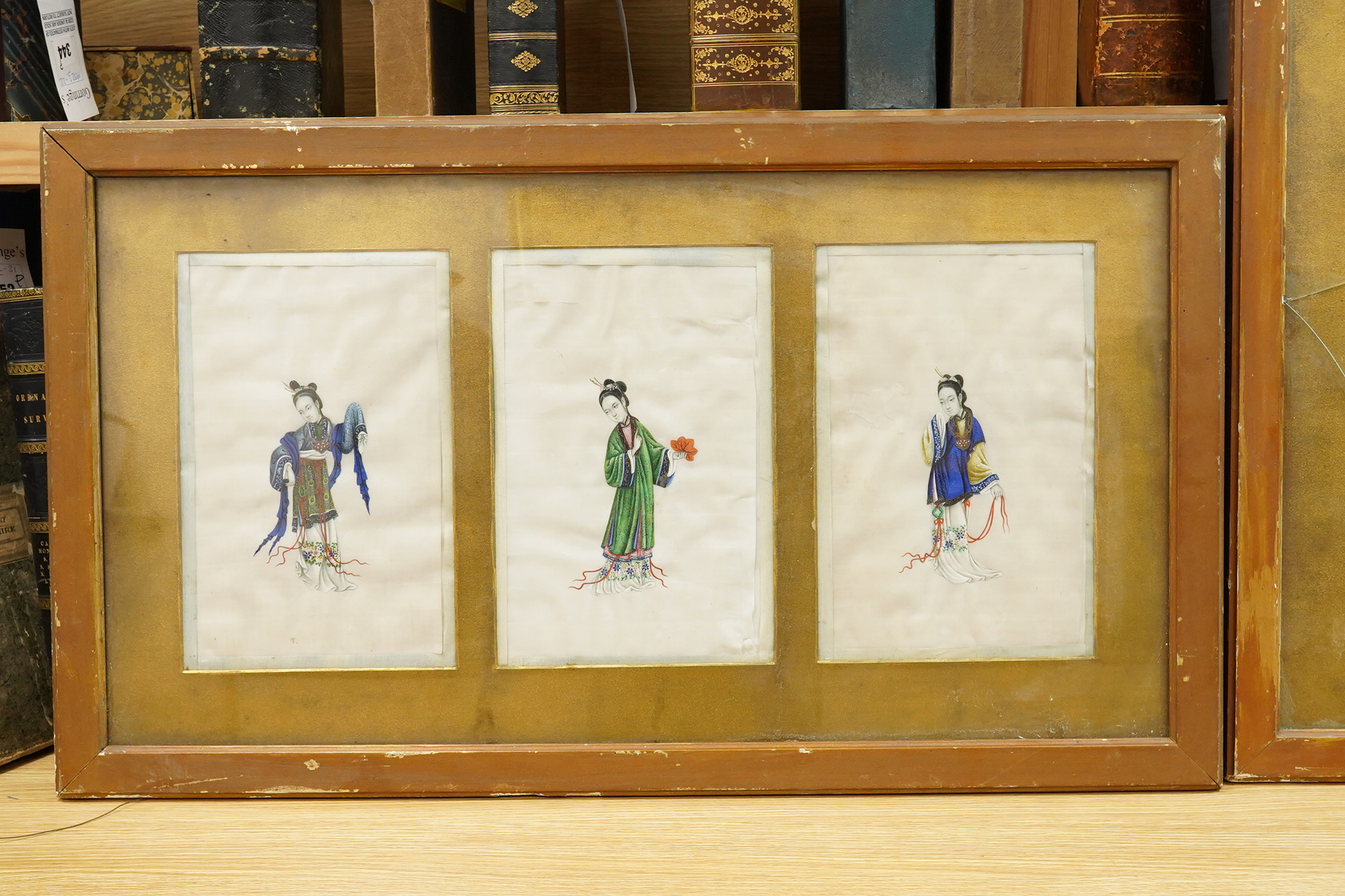 Chinese School, 19th century, figural studies, five pith paper paintings, framed as two, 27 x 17cm